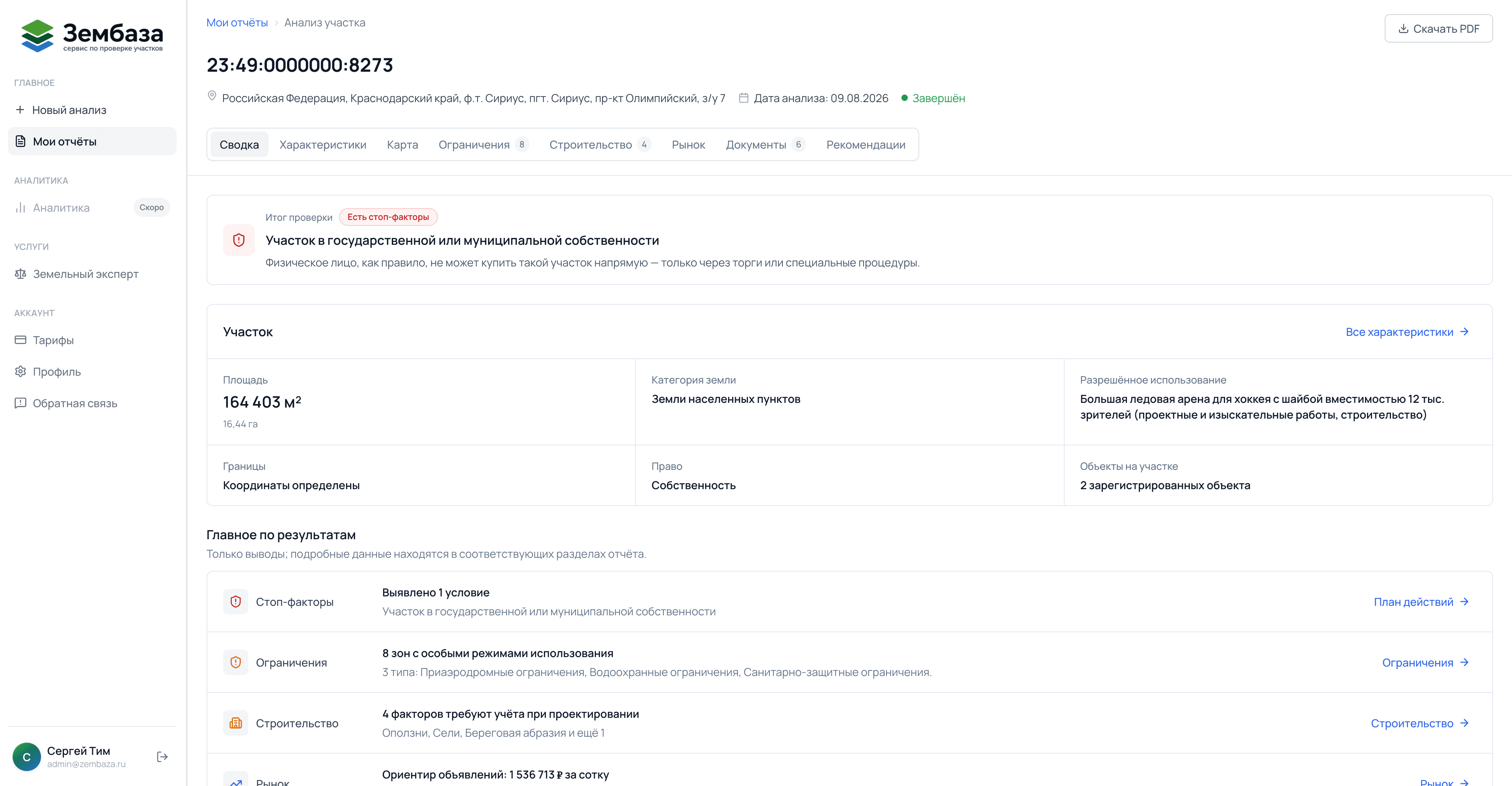 Пример сводки отчёта Зембазы по земельному участку